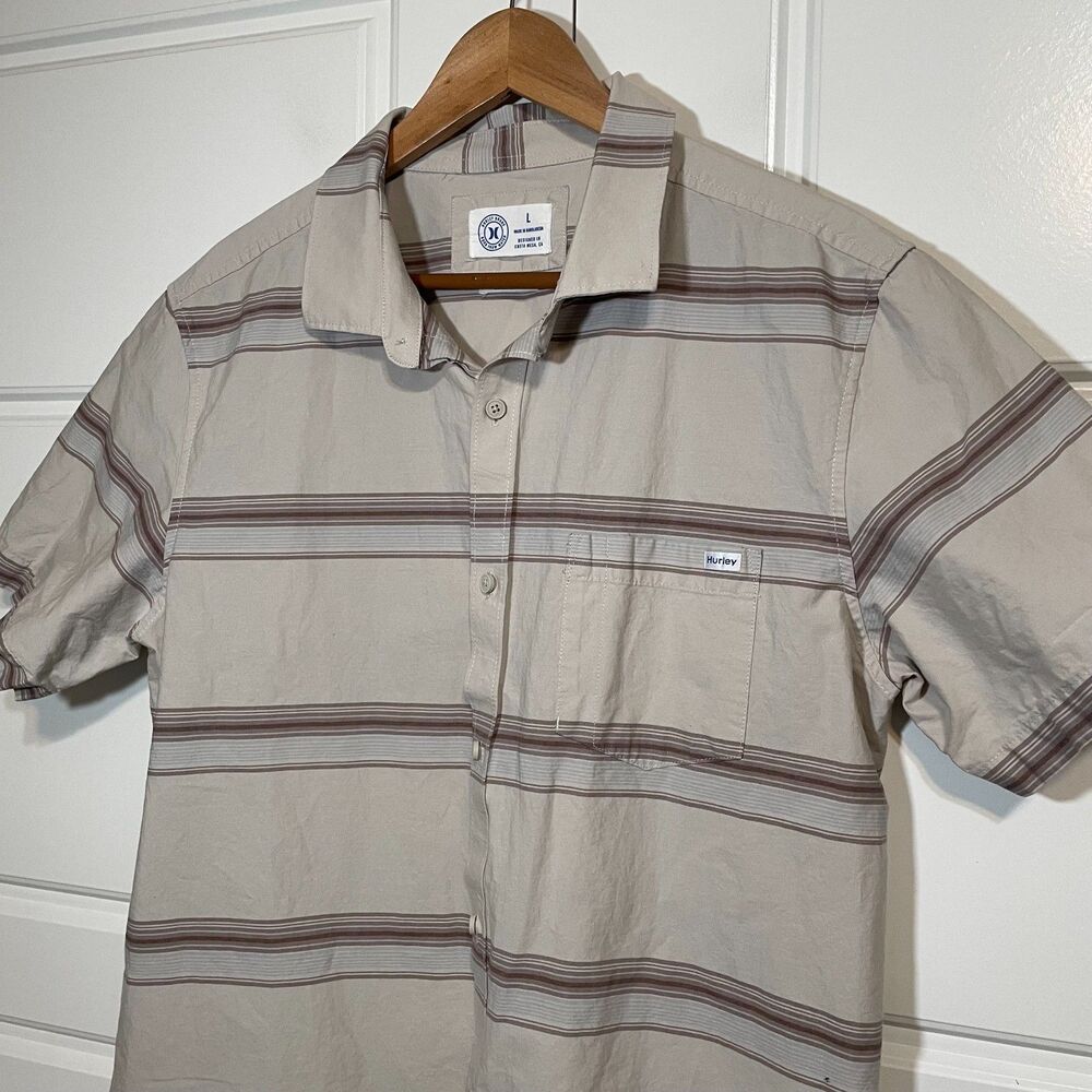 Hurley Polo Shirt Mens Large Beige Button Front Short Sleeve Classic Fit‎ Cotton - Picture 4 of 7